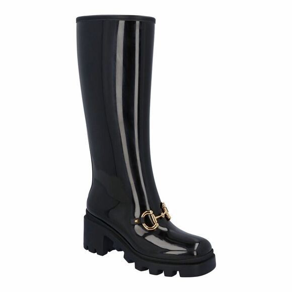 Gucci Women Knee-High Rubber Boot With Horsebit In Black Leather - Picture 1 of 5